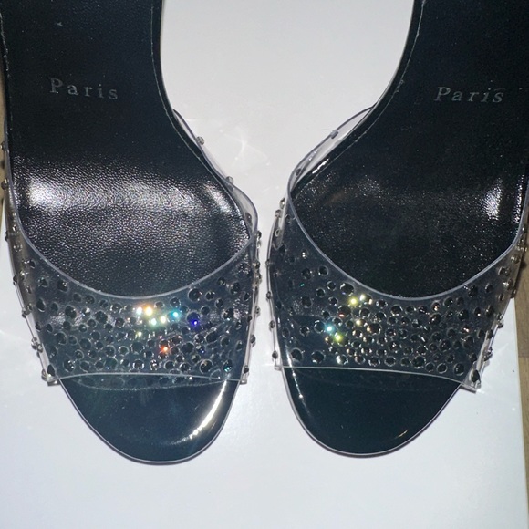 NEW Christian Louboutin Degratina Black Glitter Rhinestone PVC Sandal Tie Heels - Picture 6 of 11